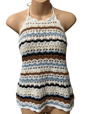Rock & Roll Denim Halter Knit Multi Colored Tie Top
